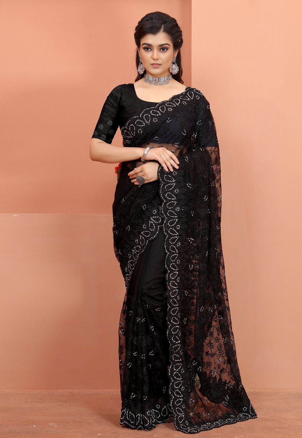 Black Net Saree With Blouse - Indian Cloth Store