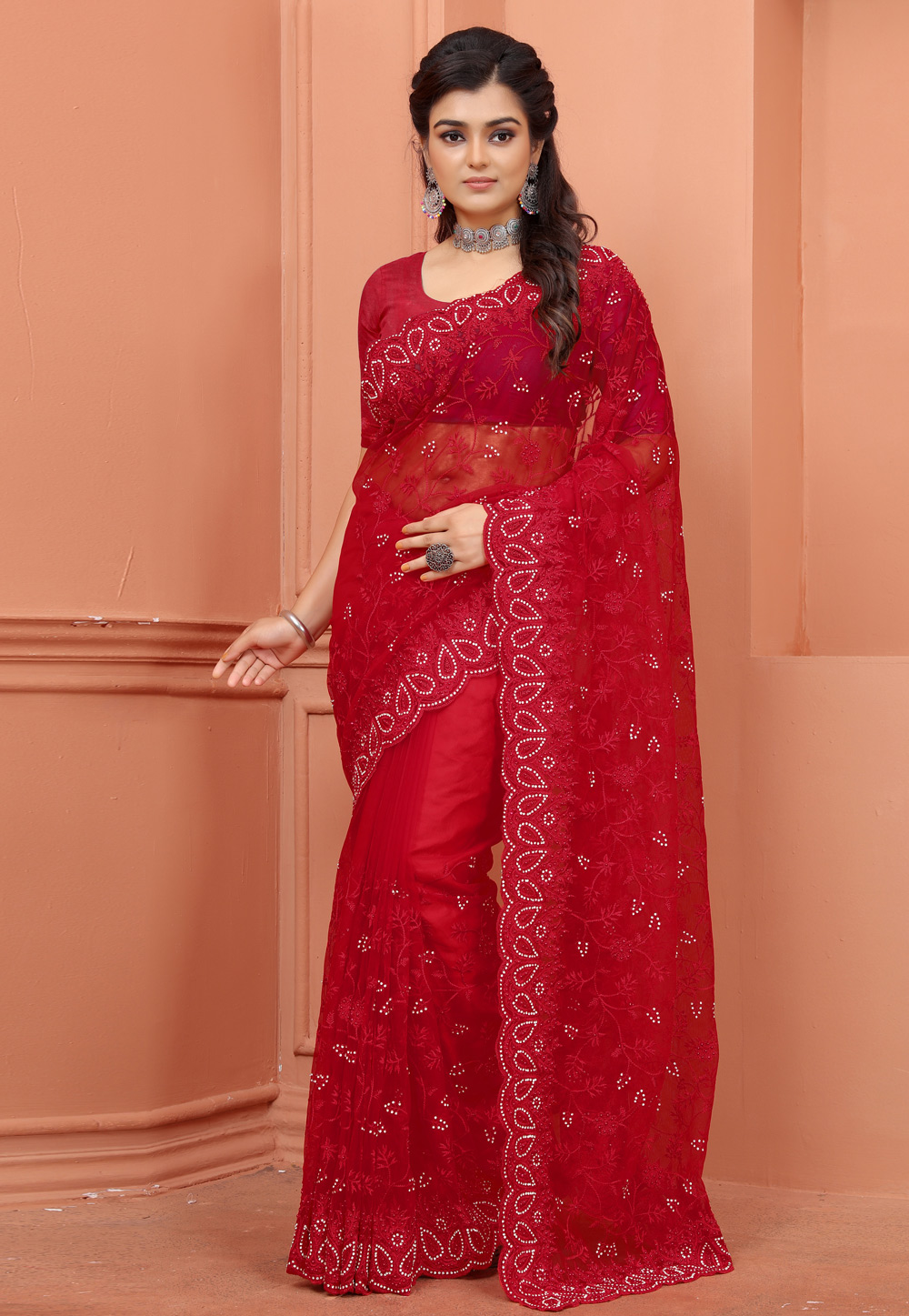 Red Net Saree With Blouse 247822