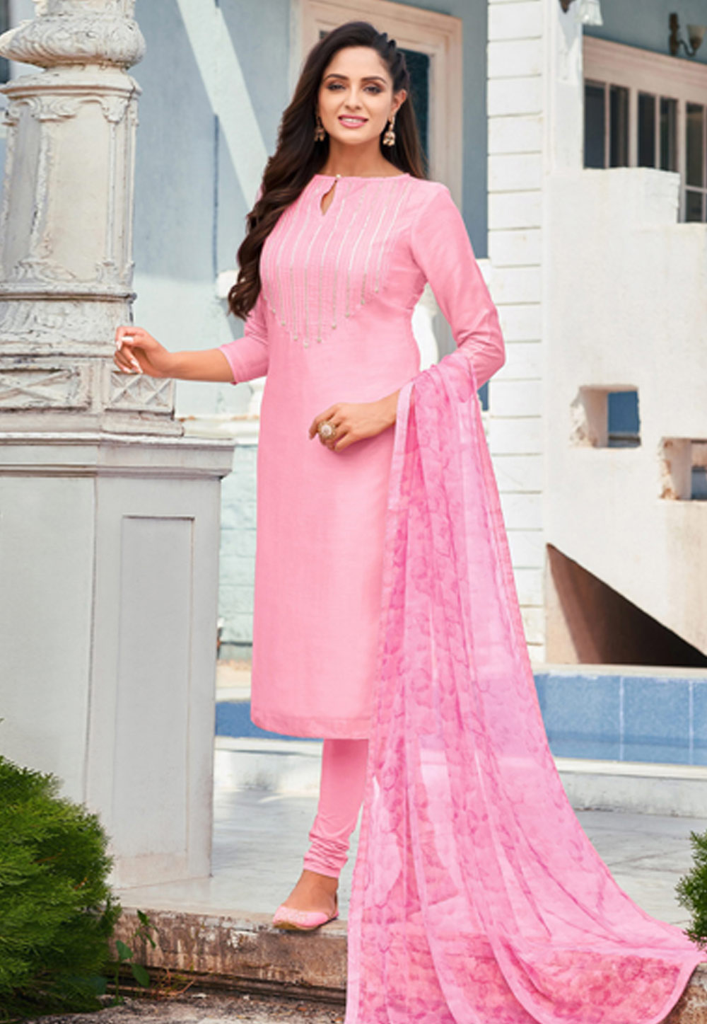 Pink Chanderi Cotton Churidar Suit 236838