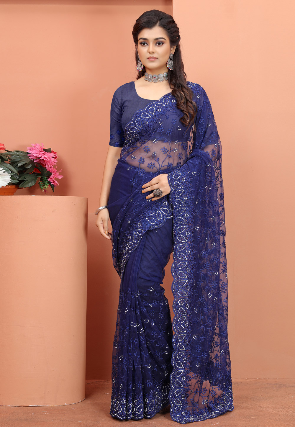 Blue Net Saree With Blouse 247823