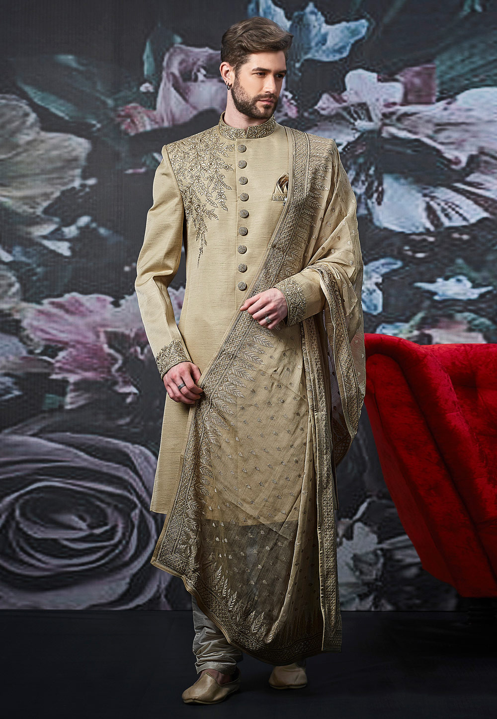 Golden Art Silk Readymade Sherwani 189035