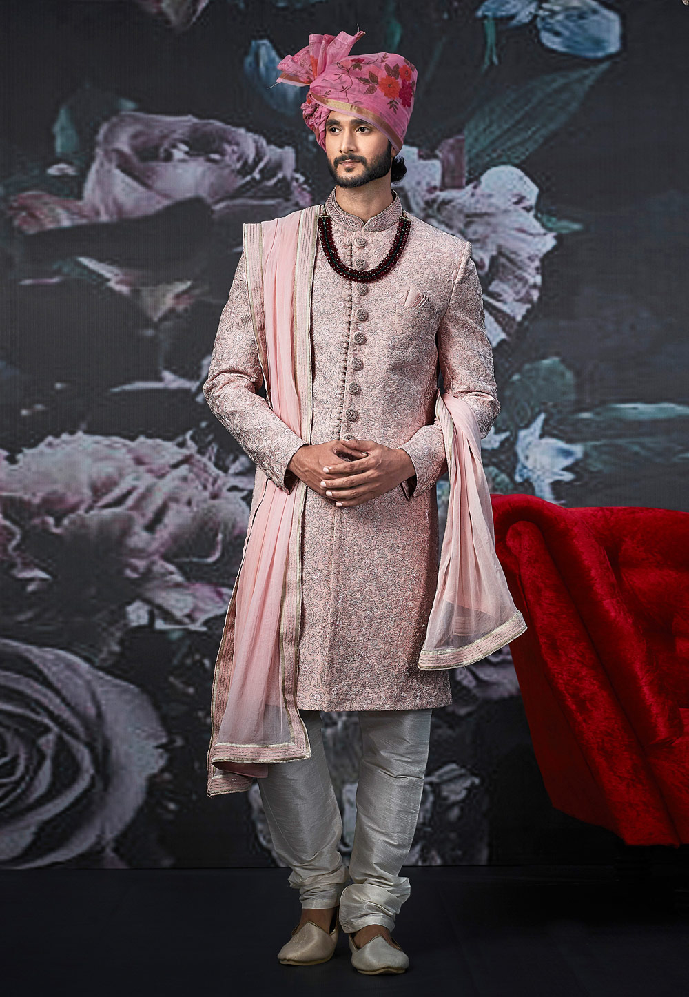 Pink Art Silk Readymade Sherwani 189037