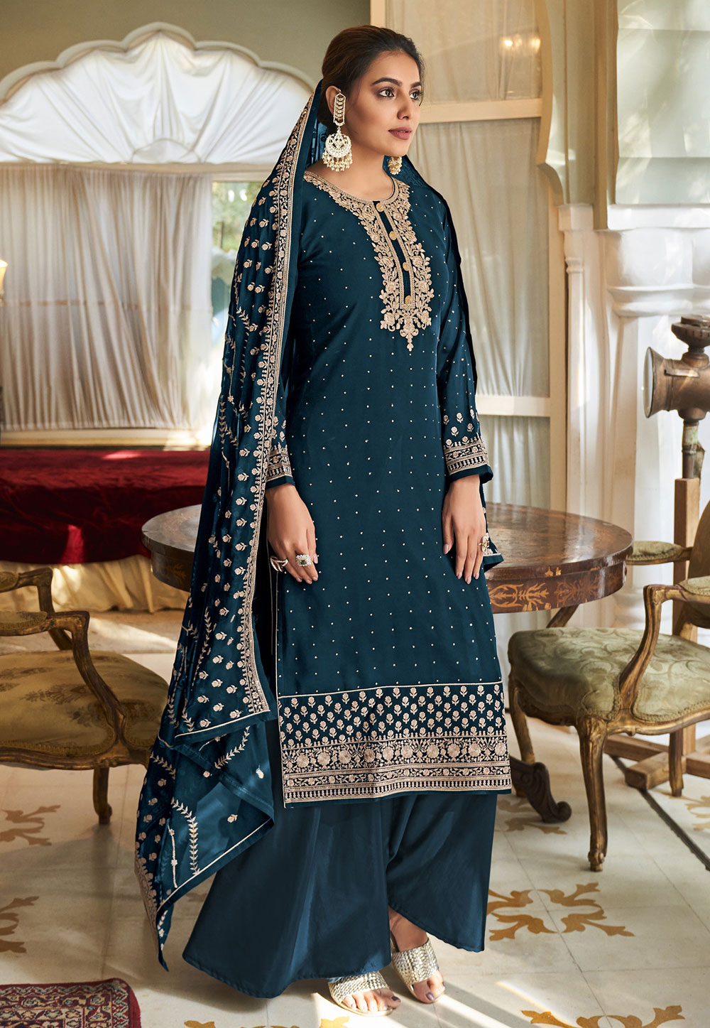 Teal Georgette Embroidered Pakistani Suit 250691