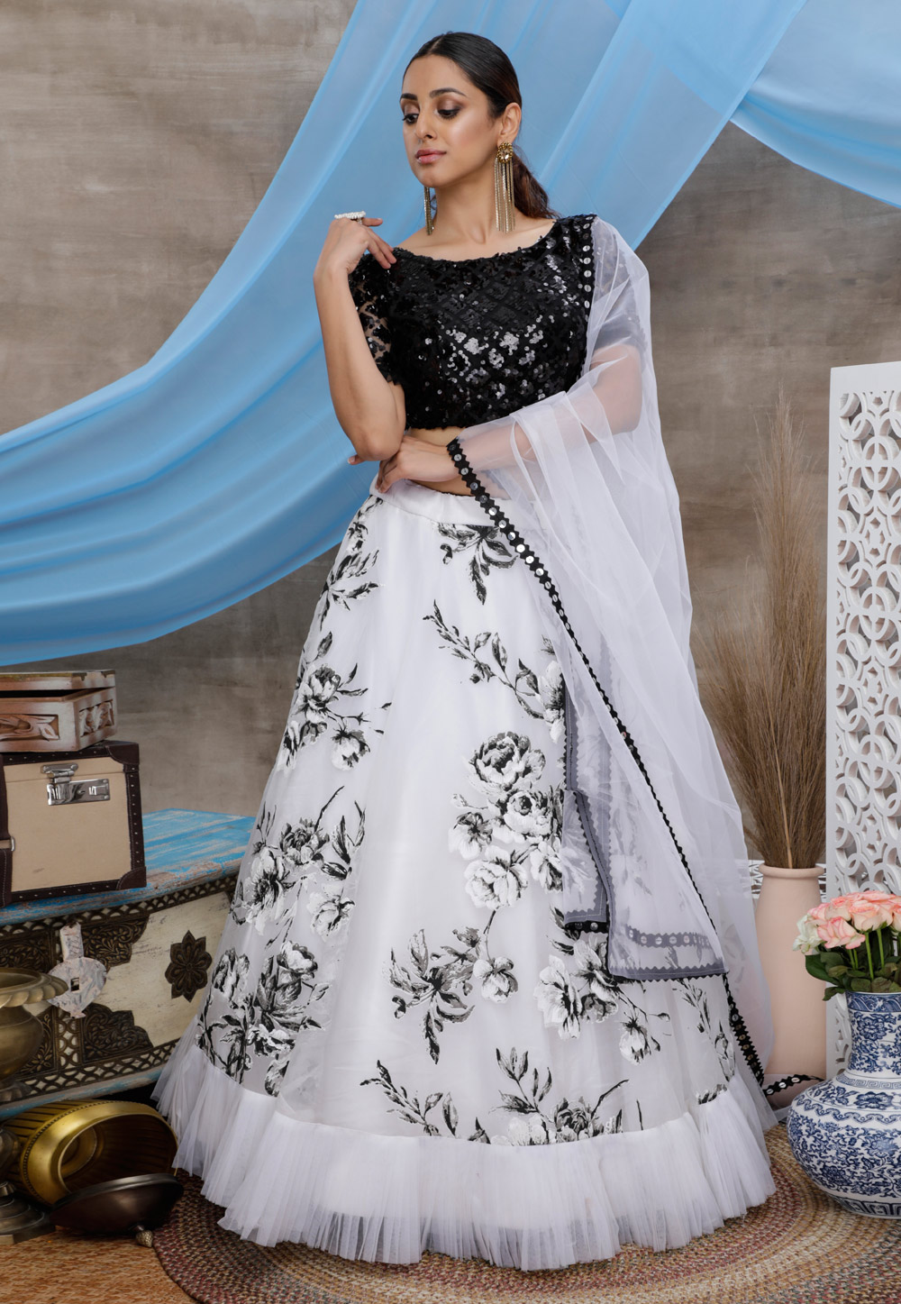 Embroidery Machine black and white georgette lehenga choli set at Rs 15200  in Surat