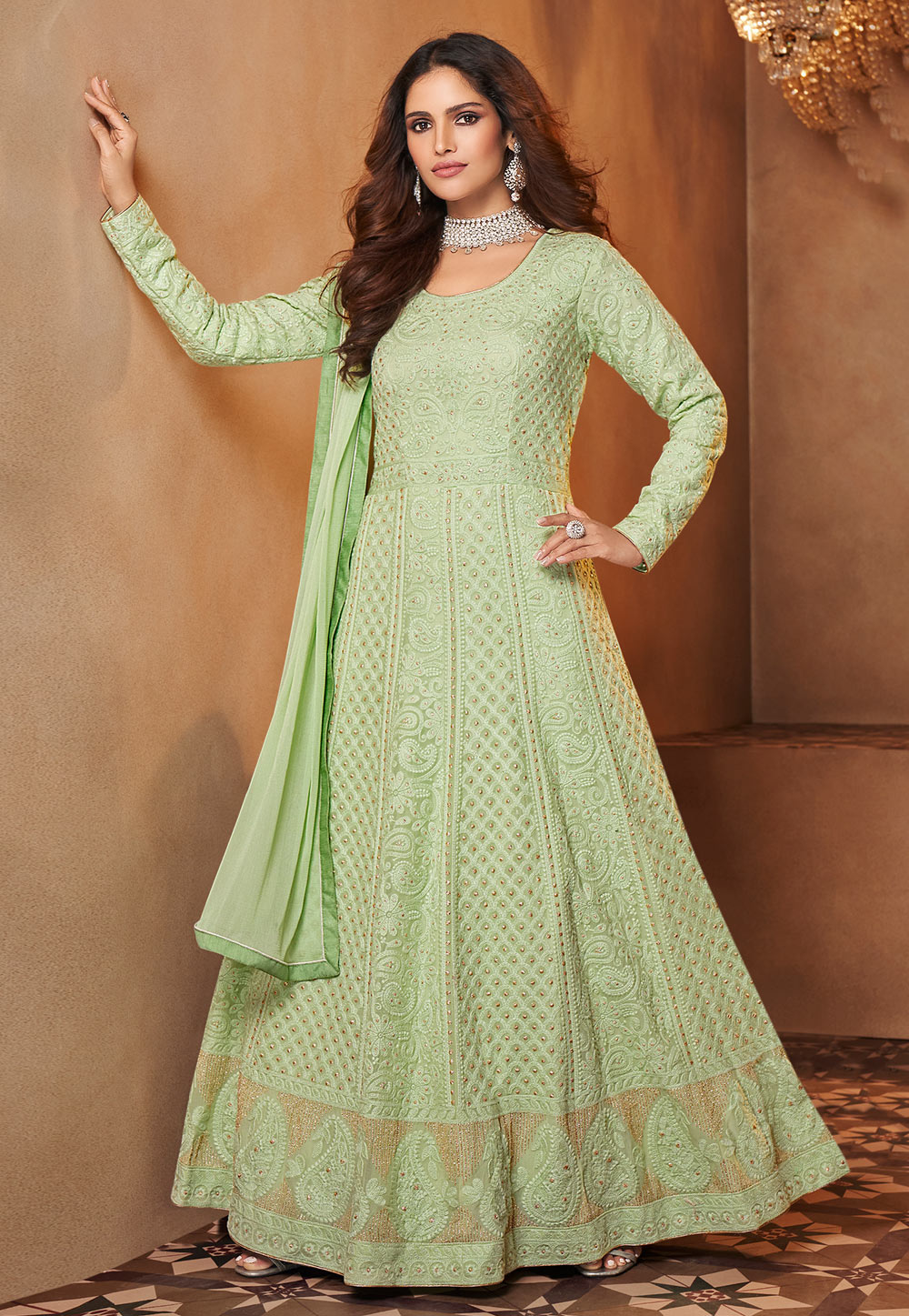 Pista Green Georgette Abaya Style Anarkali Suit 234395