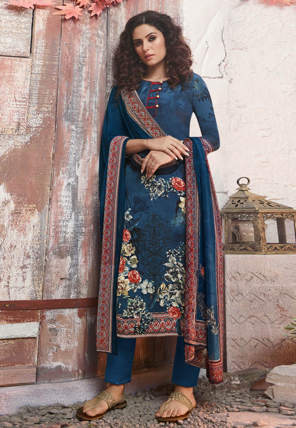 Blue Crepe Printed Pant Style Suit 186470