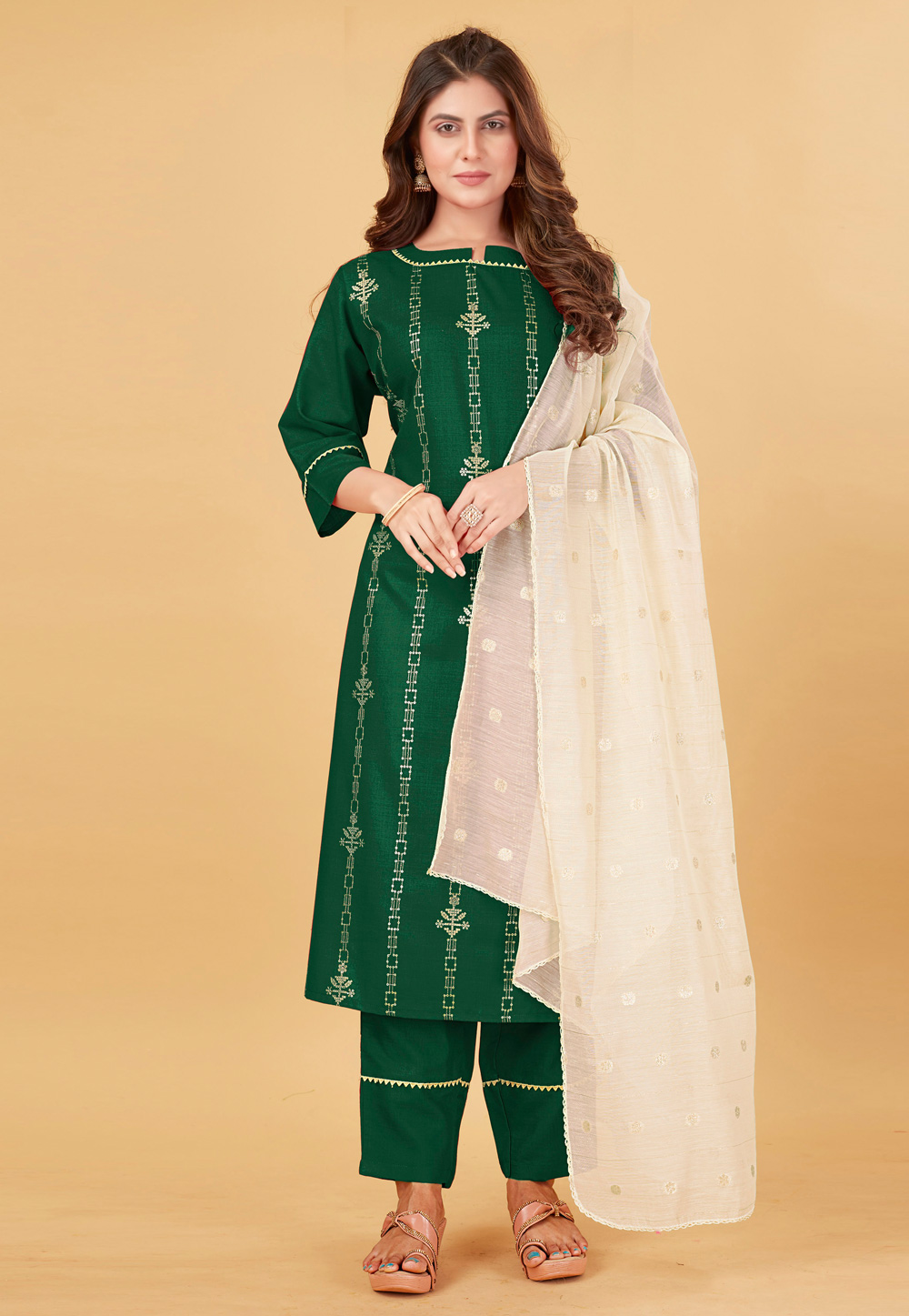 Green Cotton Readymade Pant Style Suit 266083