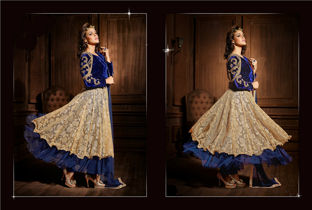 Royal Blue Velvet Designer Anarkali Suit 55870