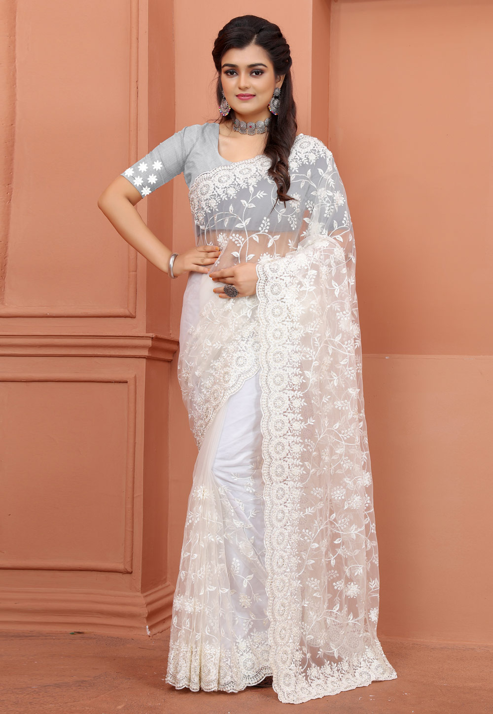 Off White Net Saree With Blouse 247827