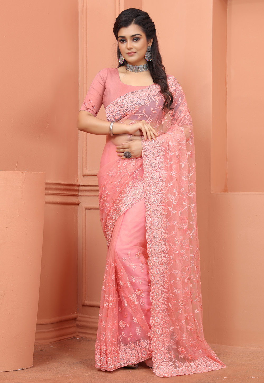 Pink Net Saree With Blouse 247828
