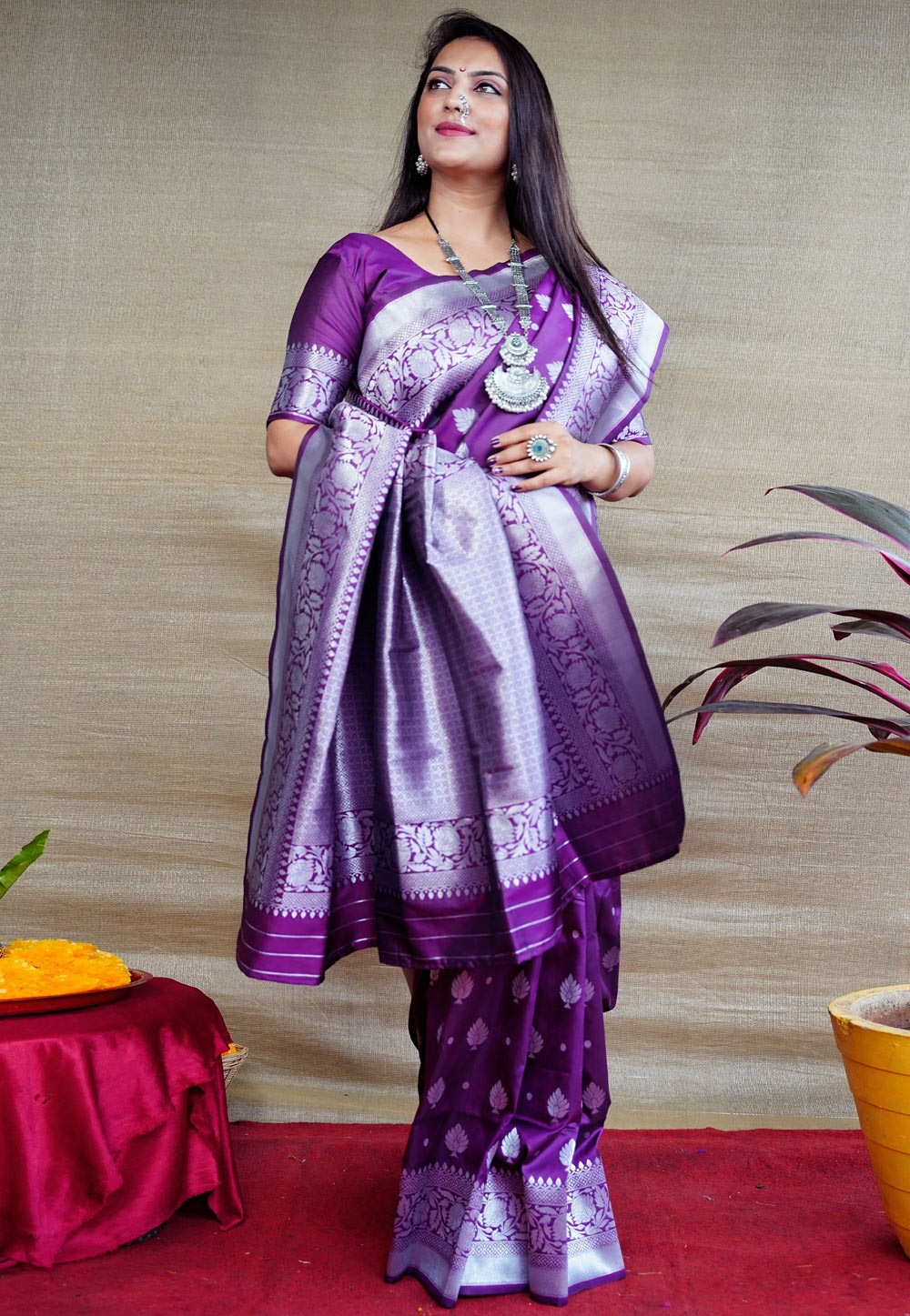 Purple Banarasi Silk Saree With Blouse 245106