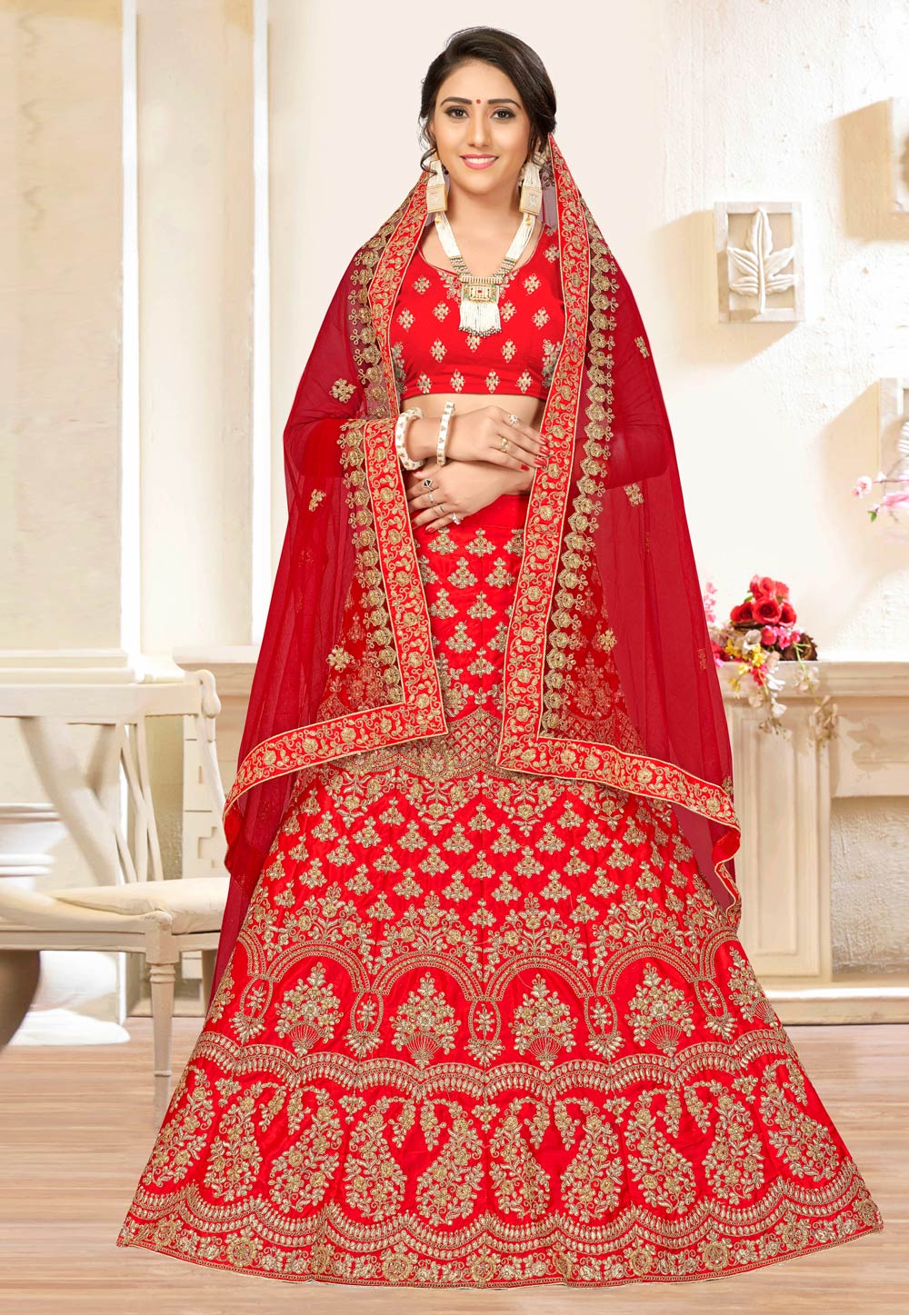 Red Satin Silk Bridal Lehenga Choli 200500