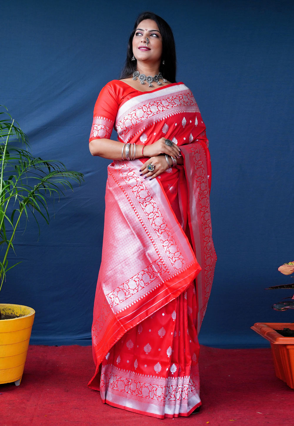 Red Banarasi Silk Saree With Blouse 245109