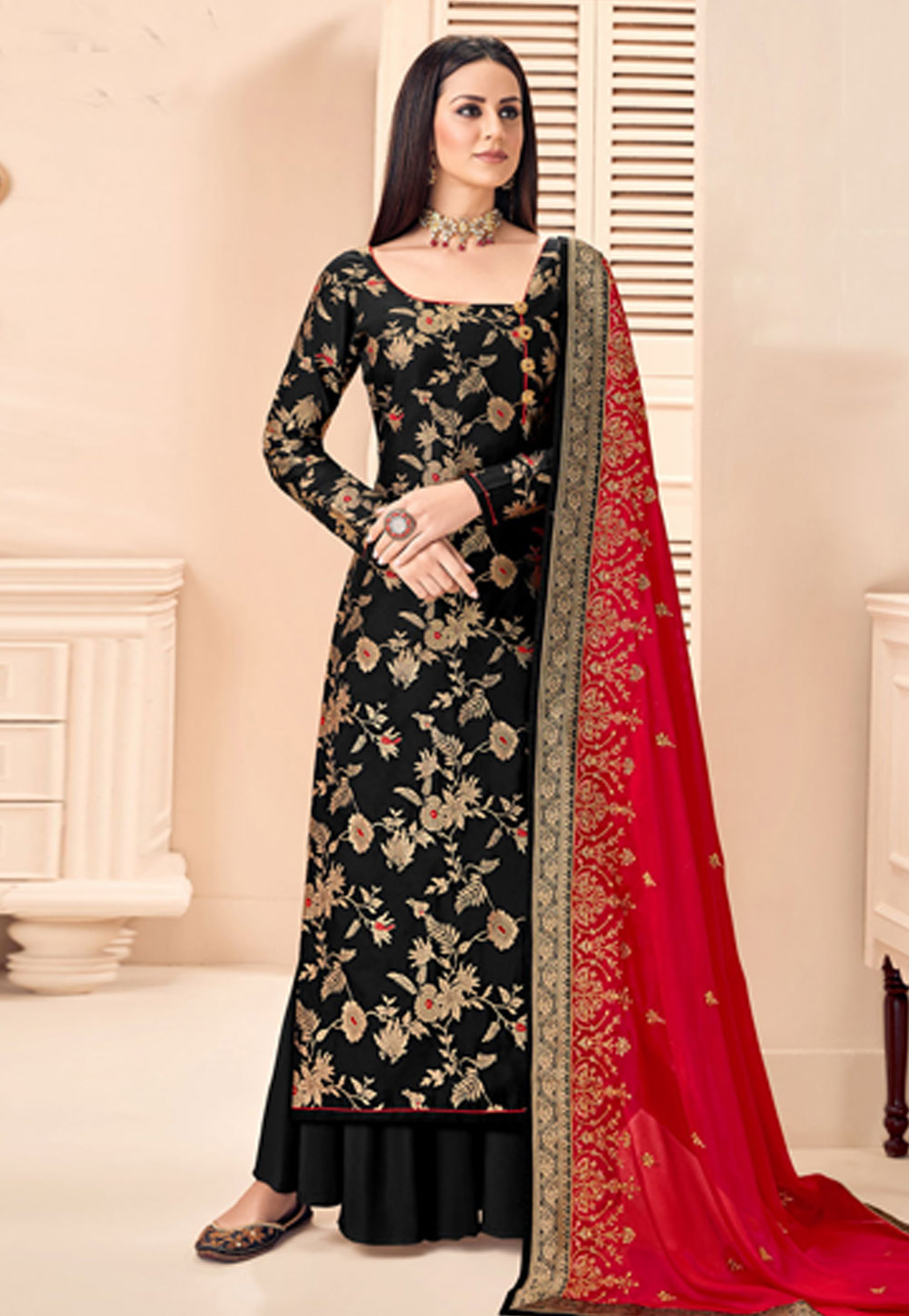 Black Banarasi Silk Palazzo Suit 227328