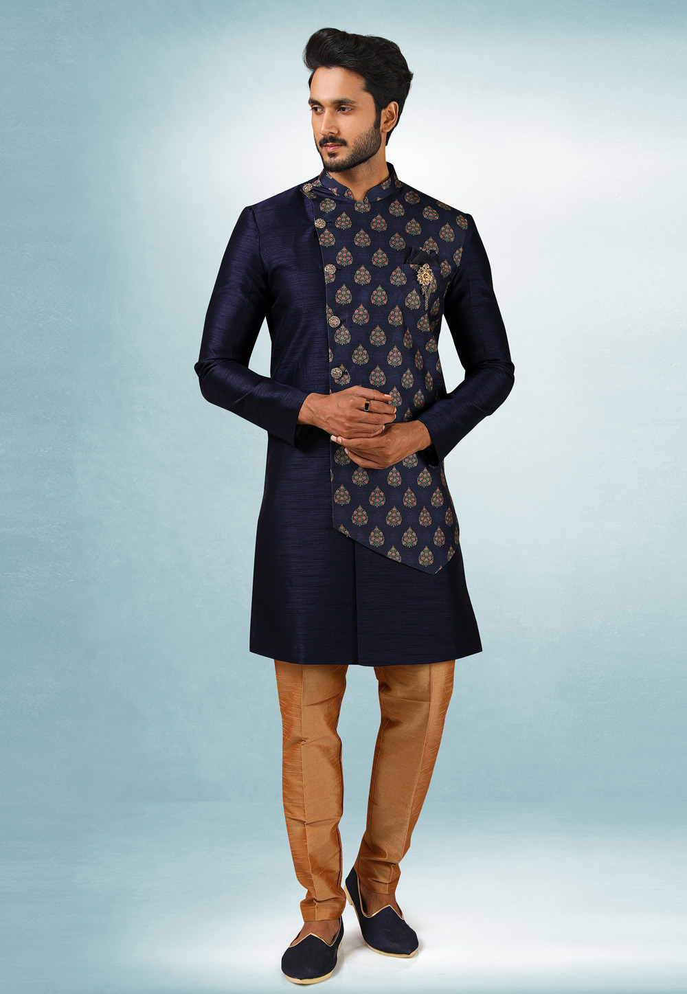 Navy Blue Art Silk Indo Western Suit 241387