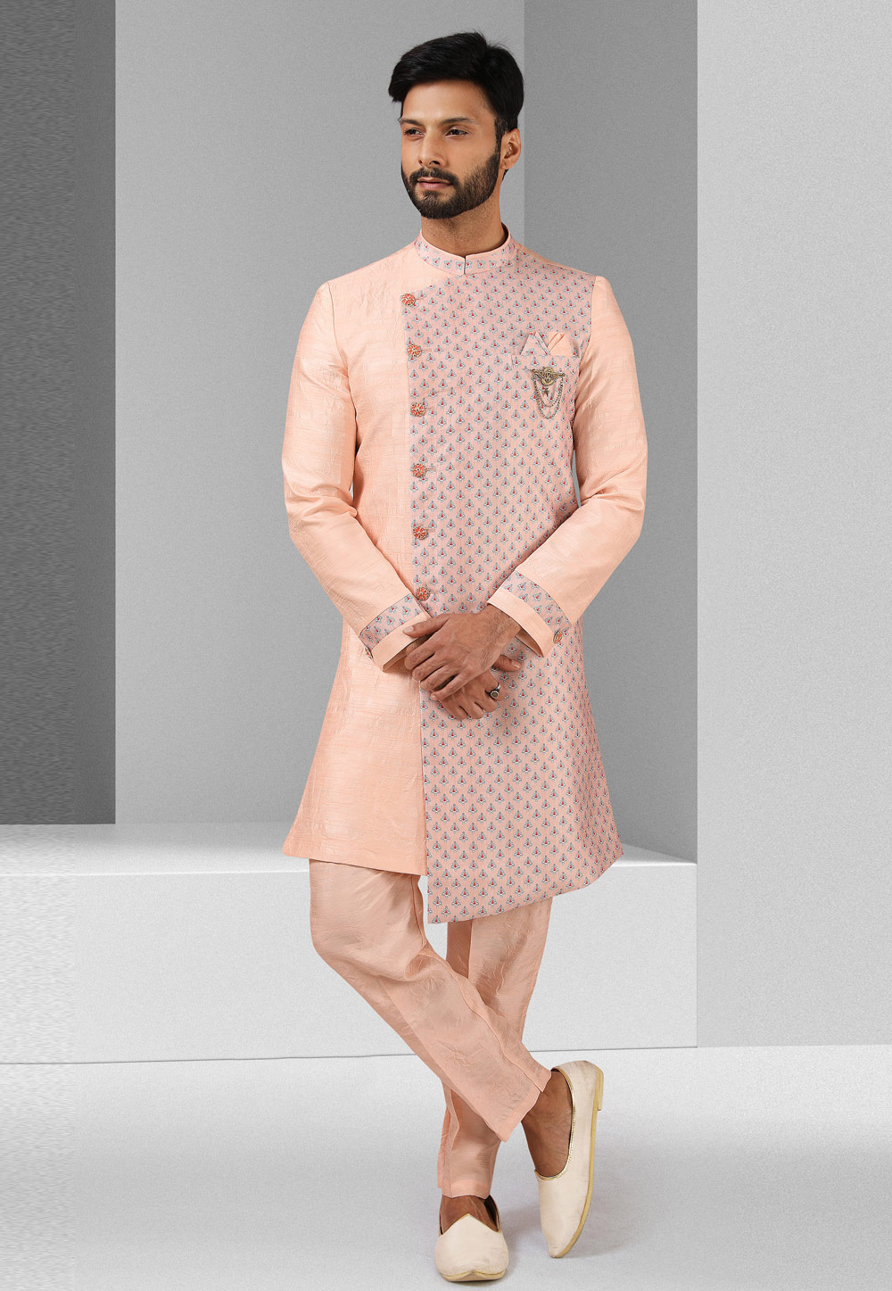 Peach Art Silk Indo Western Suit 241393