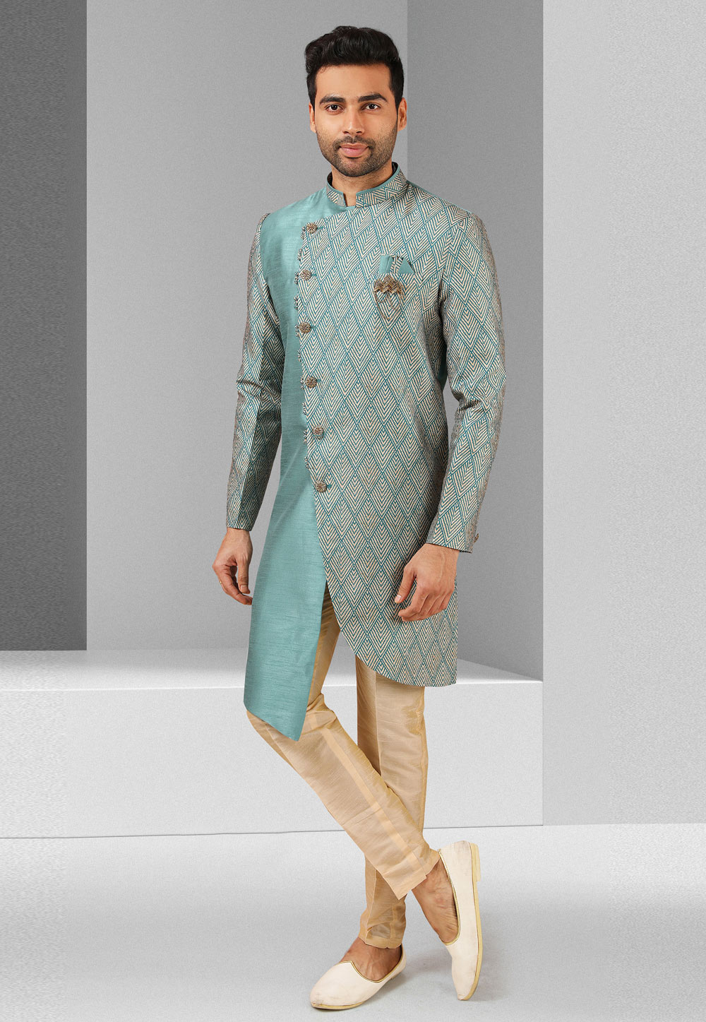 Sea Green Art Silk Indo Western Suit 241401