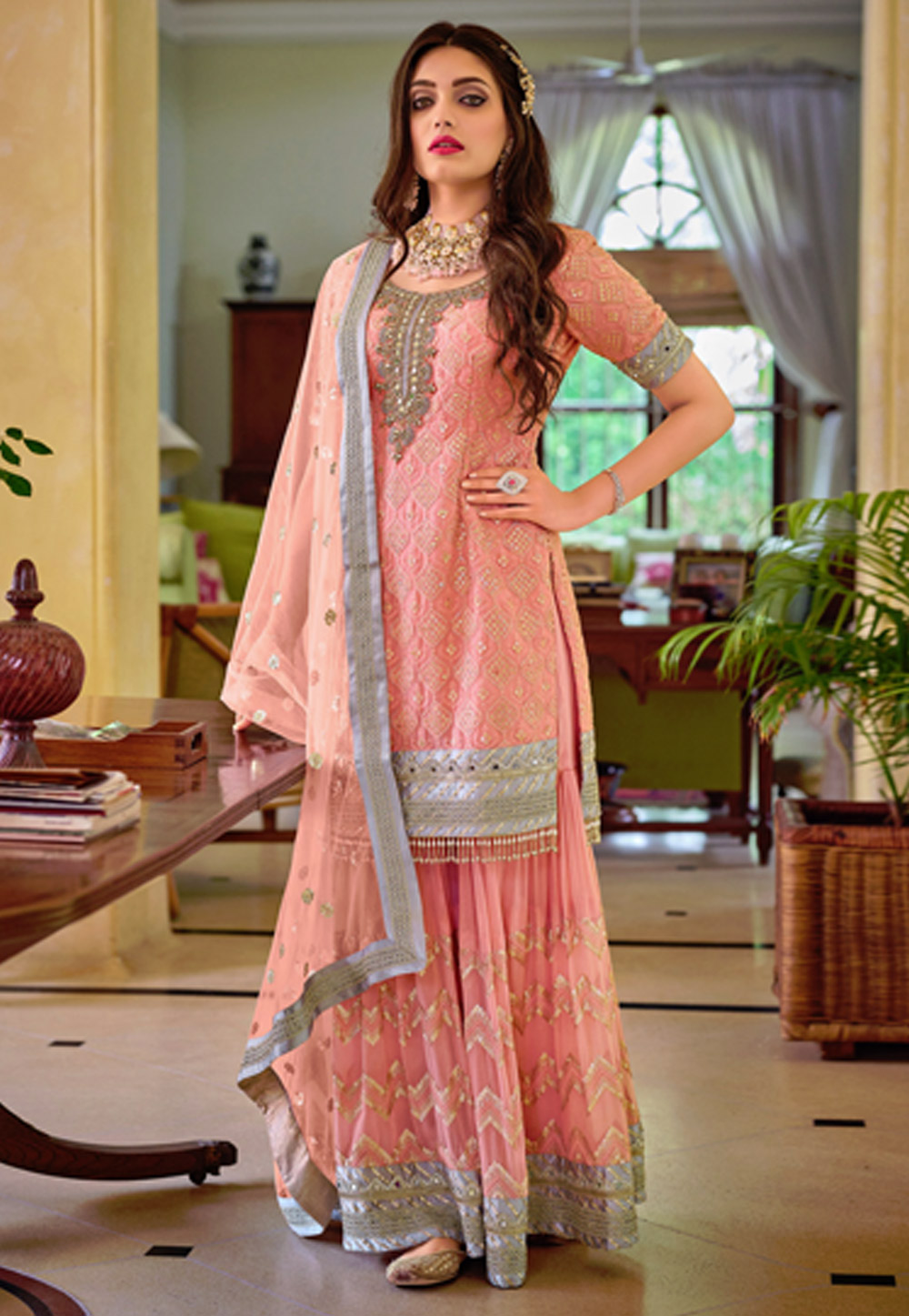 Pink Faux Georgette Sharara Suit 244792
