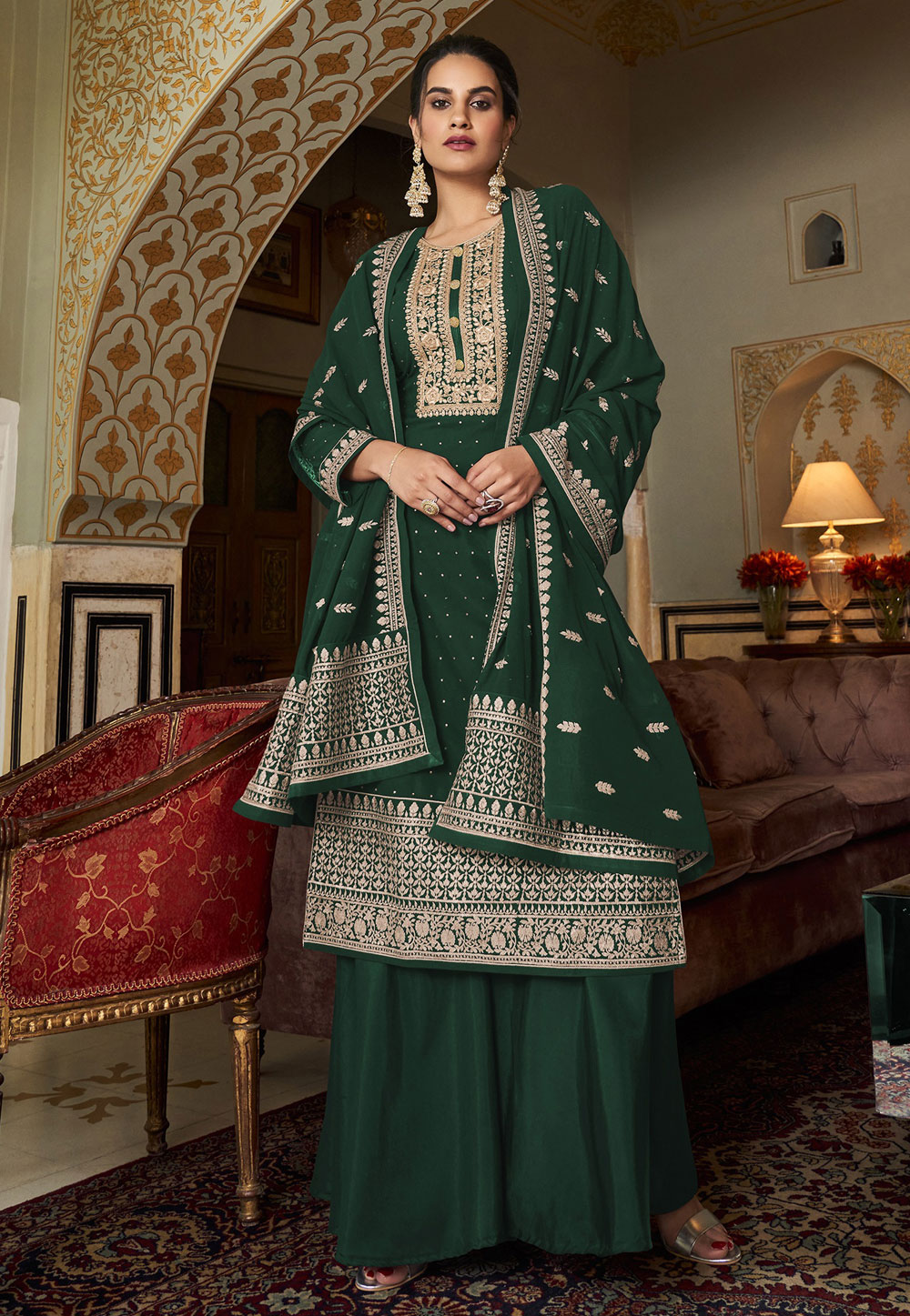 Green Georgette Embroidered Palazzo Suit 250692