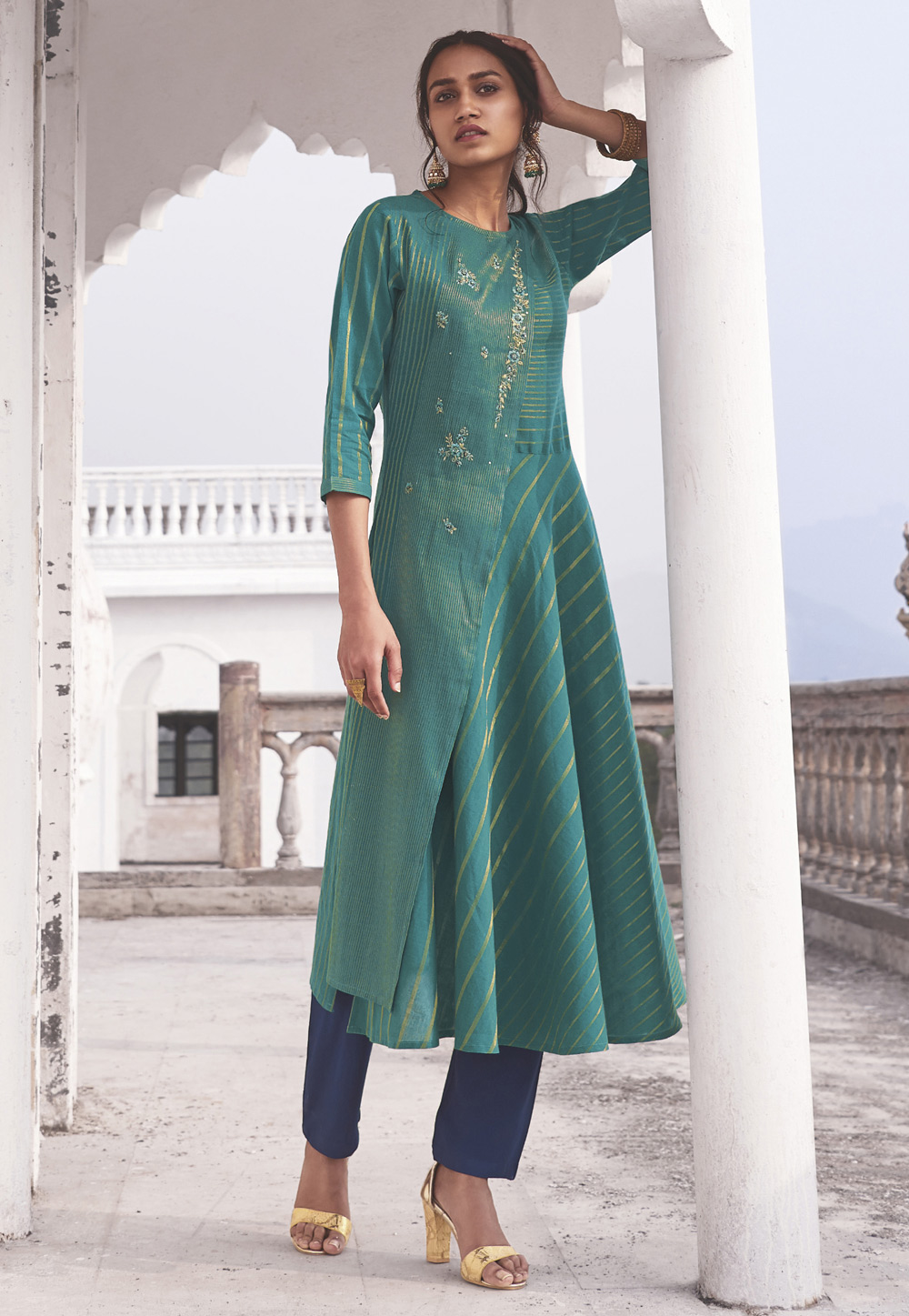 Sea Green Linen Readymade Pant Style Suit 200692