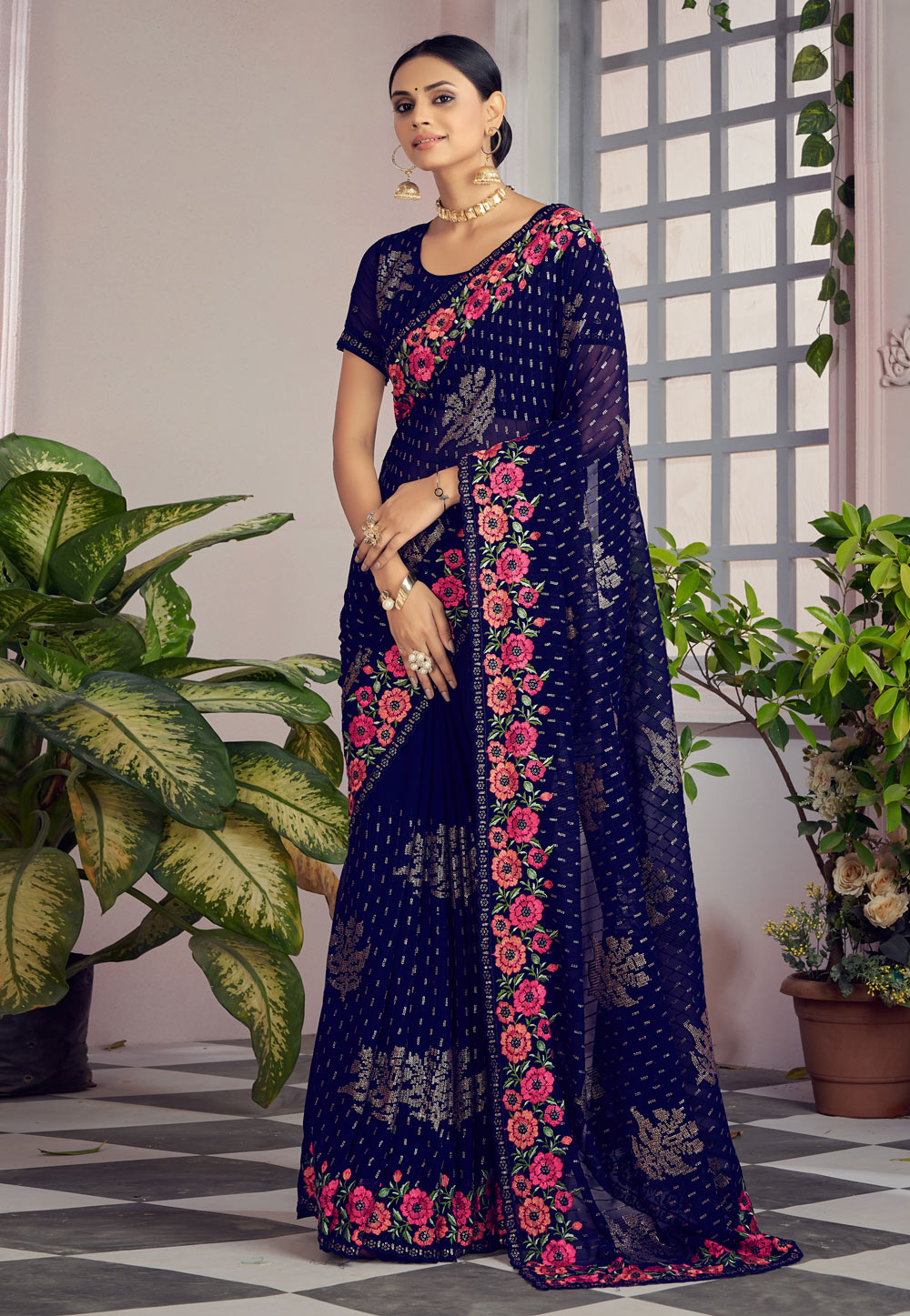 Navy Blue Georgette Saree With Blouse 248289