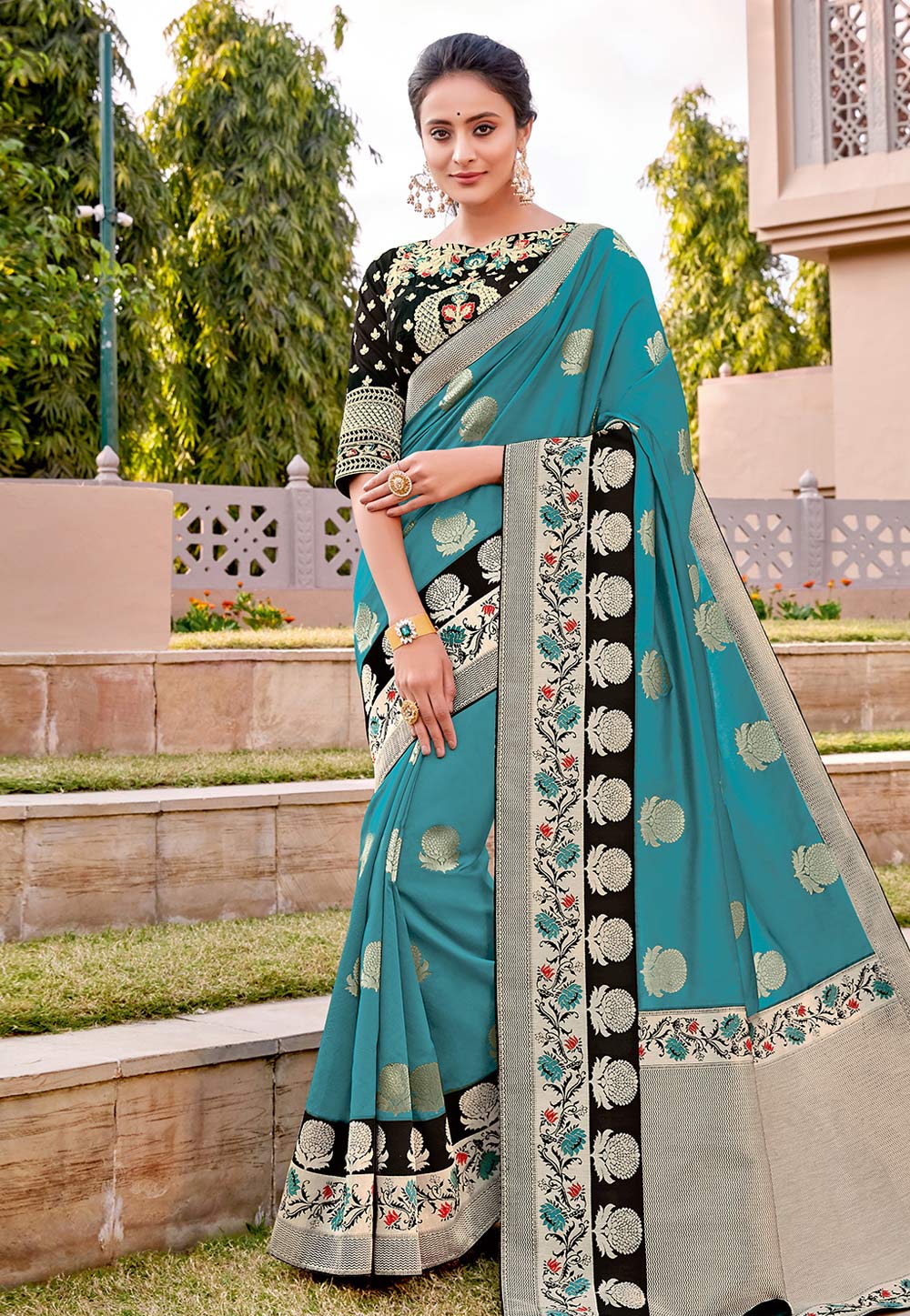 Turquoise Silk Saree With Blouse 203187