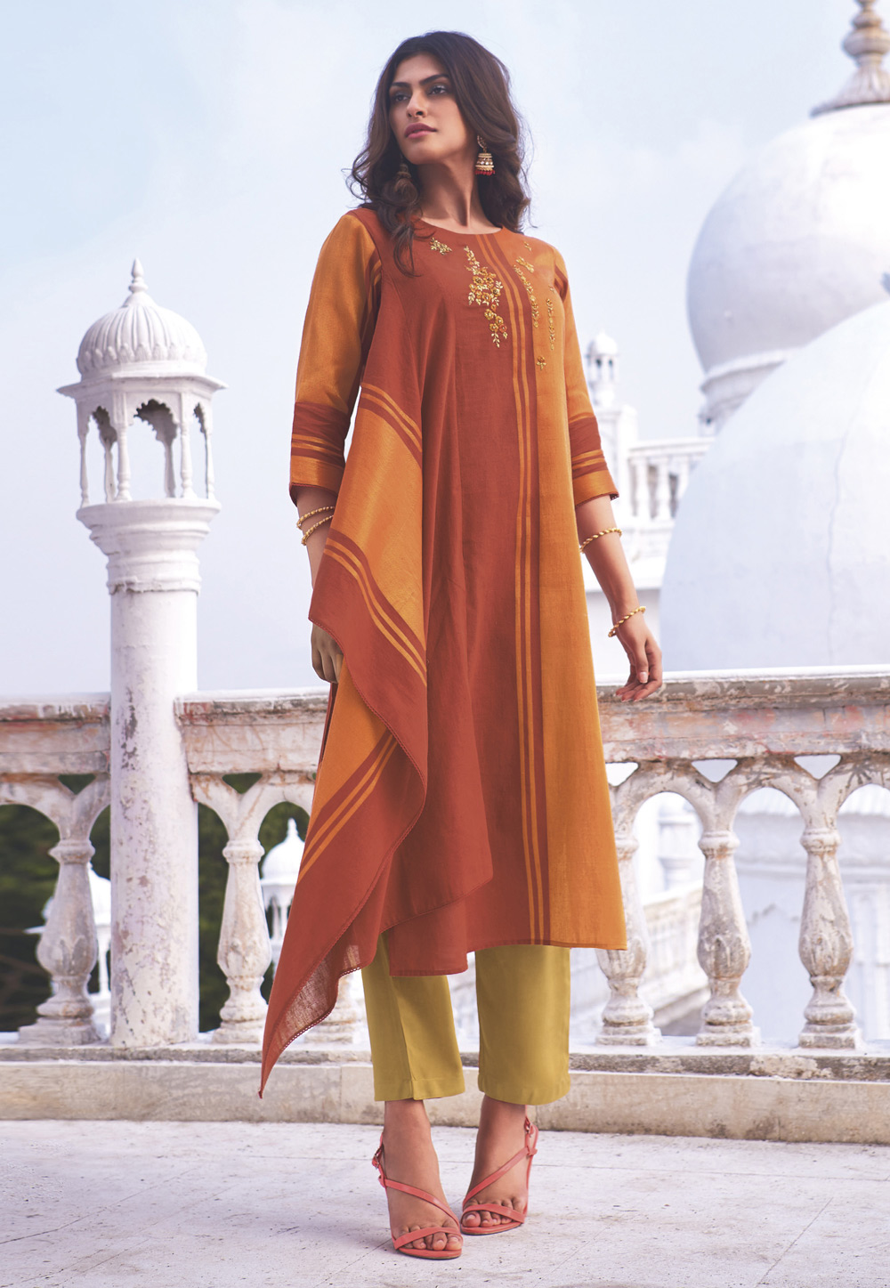 Rust Linen Readymade Kameez With Pant 200693
