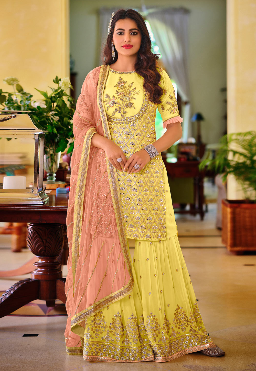 Yellow Faux Georgette Sharara Suit 244793