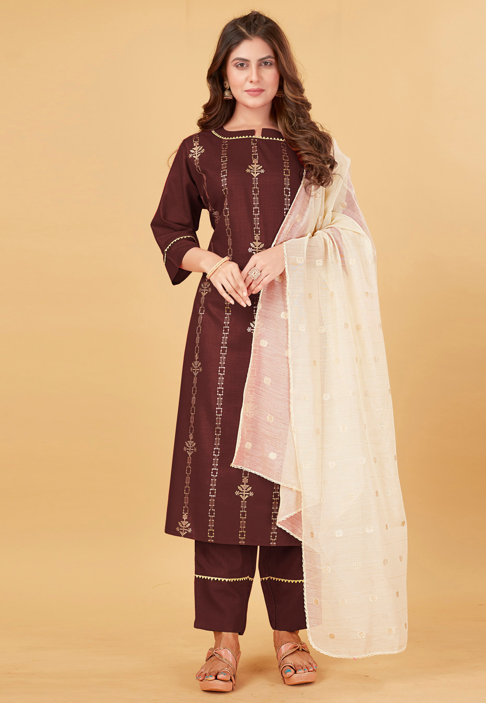 Brown Cotton Readymade Pakistani Suit 266084