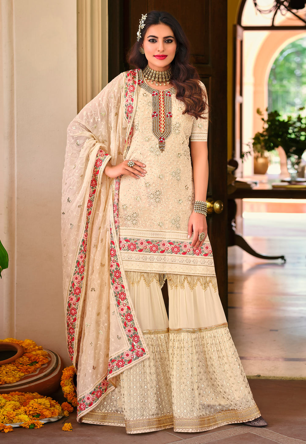 Off White Faux Georgette Sharara Suit 244794