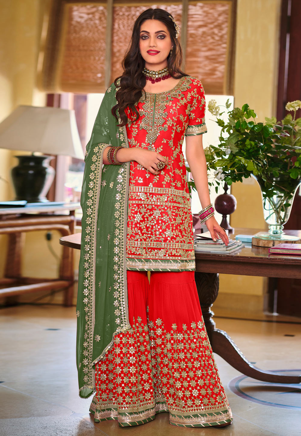 Red Faux Georgette Sharara Suit 244895