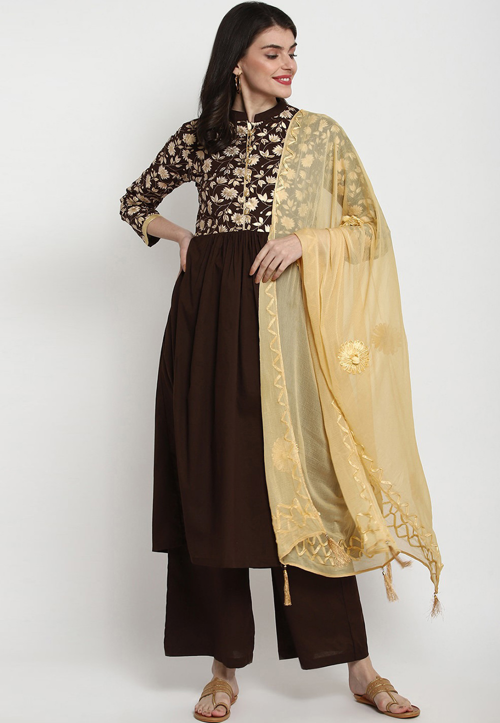 Brown Cotton Readymade Kameez With Palazzo 214634