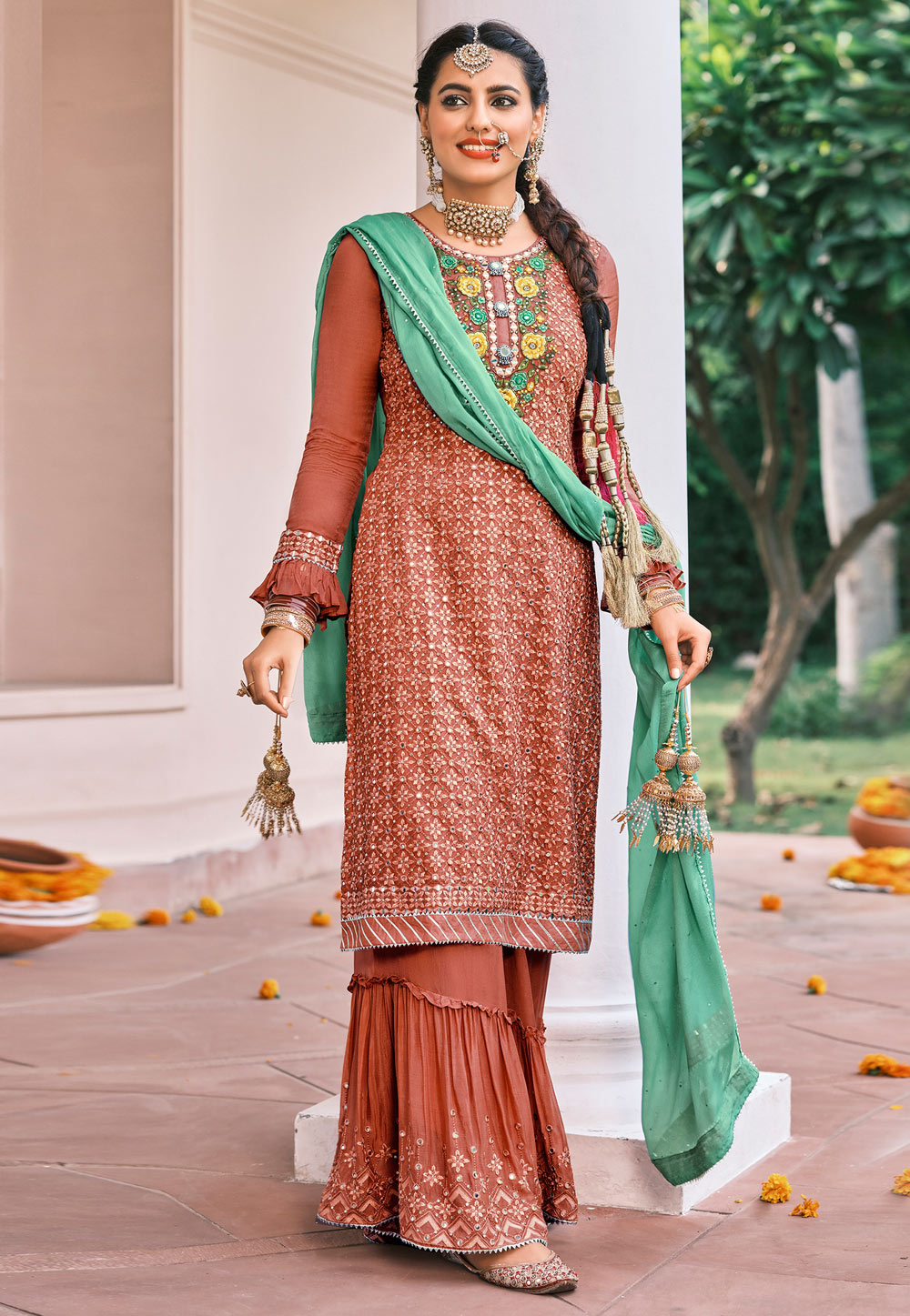 Rust Faux Georgette Kameez With Palazzo 244890