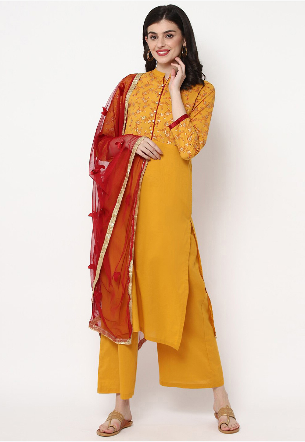 Yellow Cotton Readymade Kameez With Palazzo 214636
