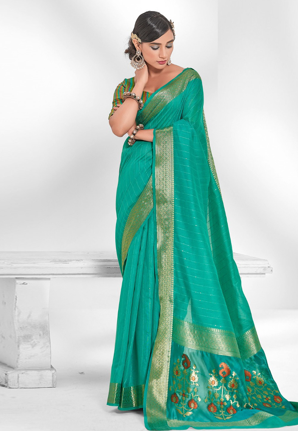 Sea Green Cotton Saree With Blouse 264120