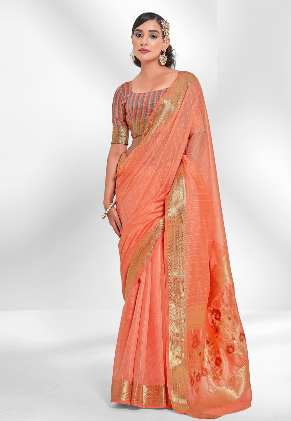 Peach Cotton Saree With Blouse 264121
