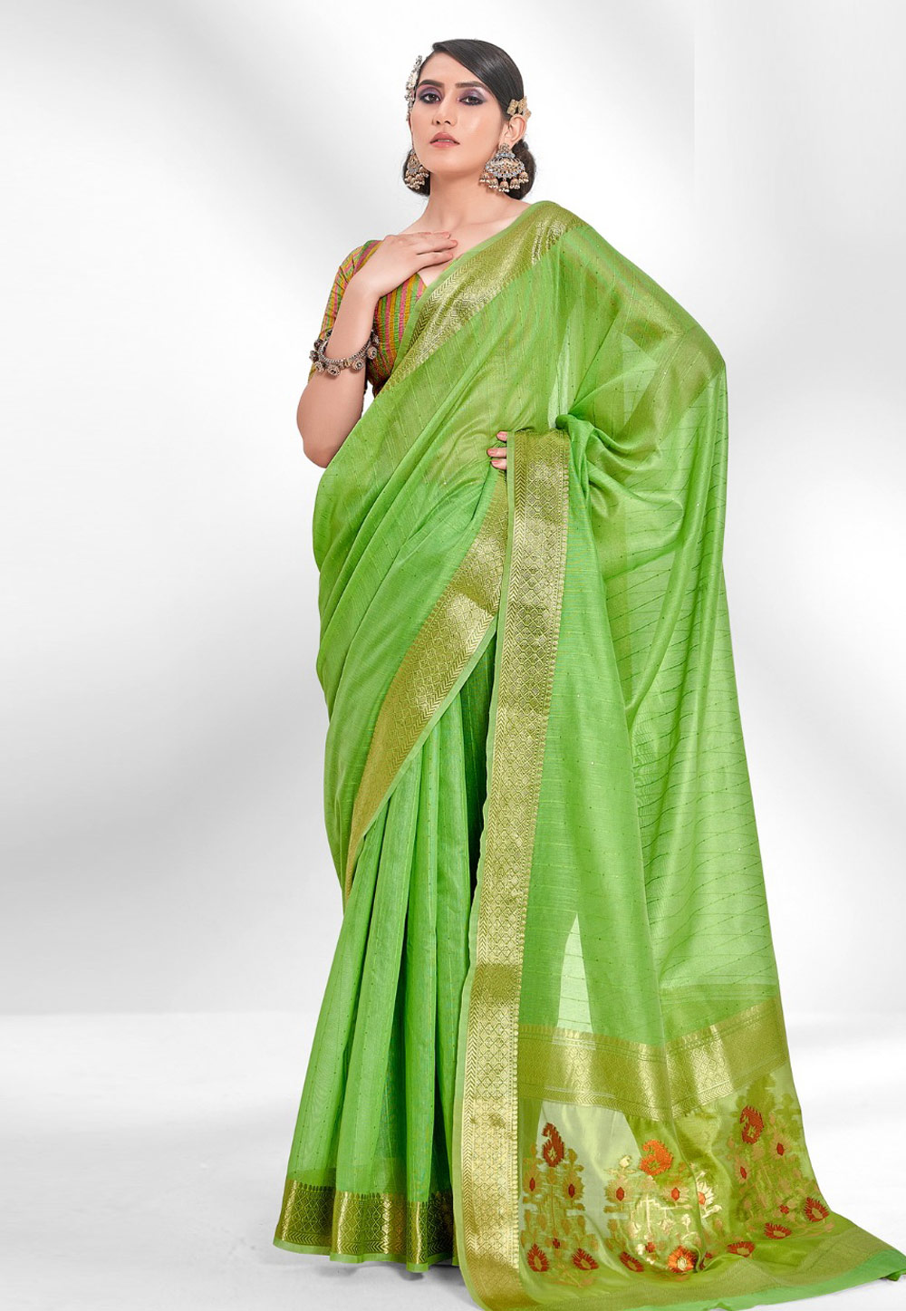 Light Green Cotton Saree With Blouse 264122