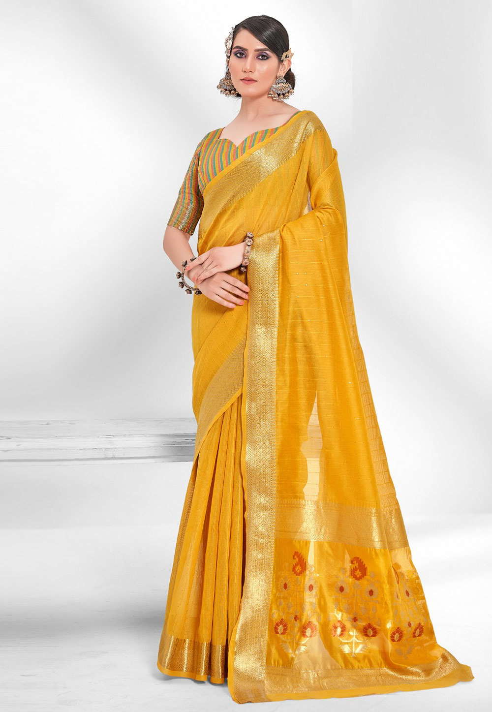 Yellow Cotton Saree With Blouse 264125