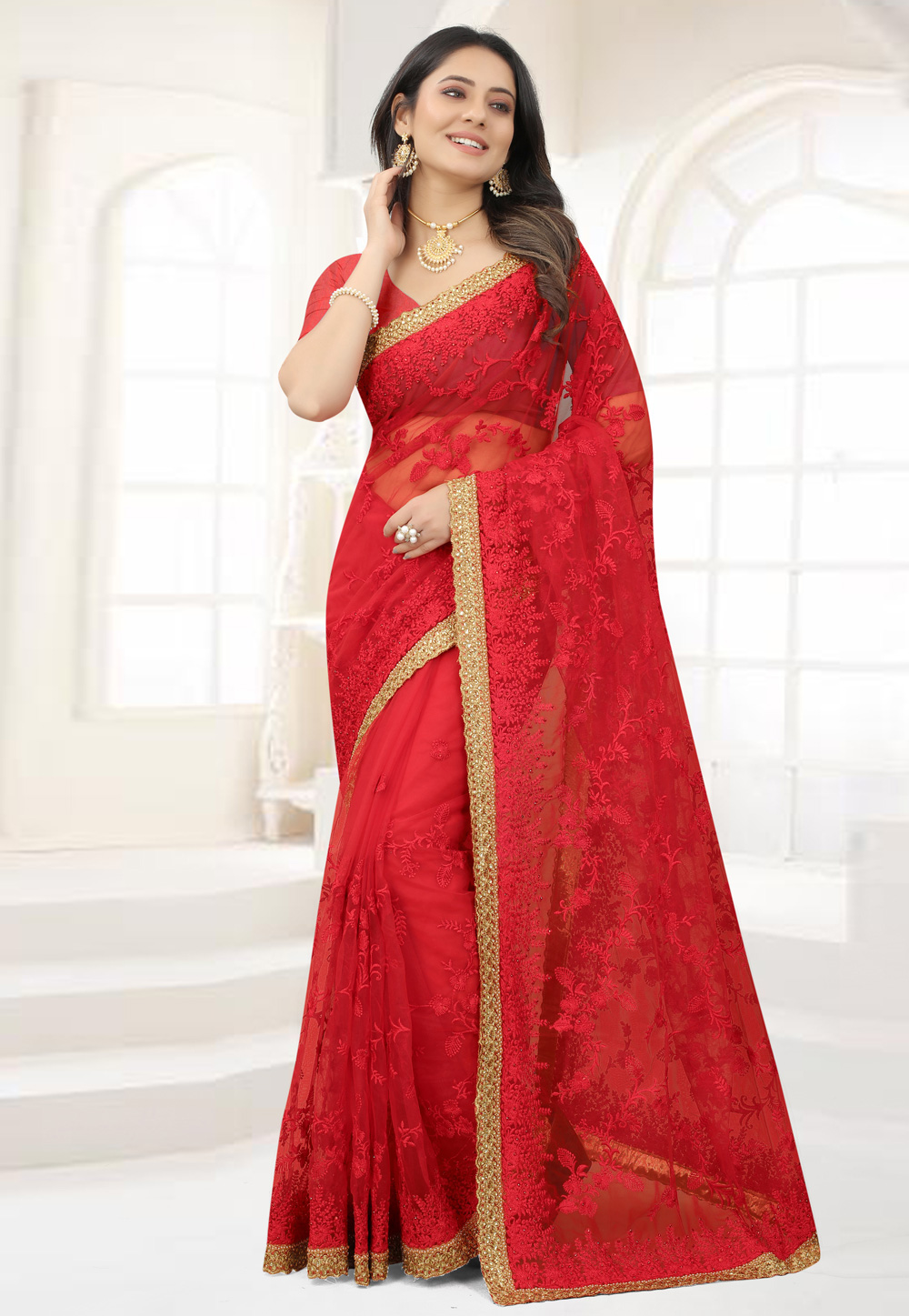 Red Net Saree With Blouse 248311