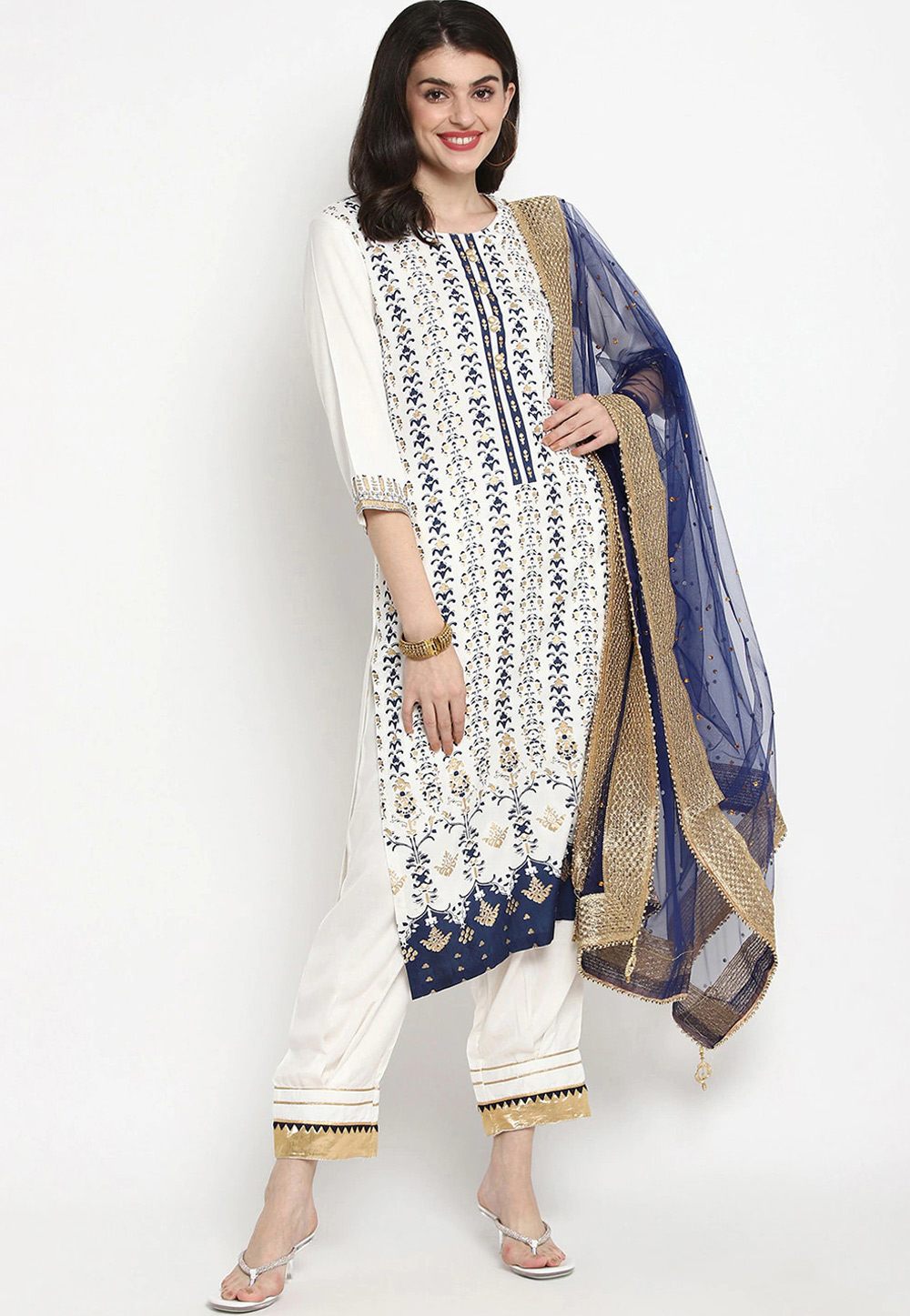 Off White Rayon Readymade Kameez With Pant 214642