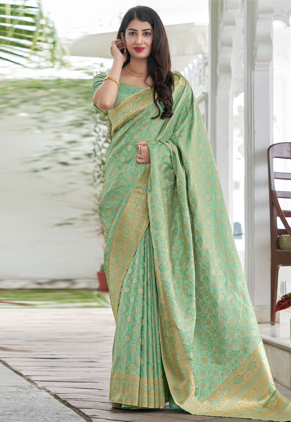 Sea Green Banarasi Silk Saree With Blouse 234235