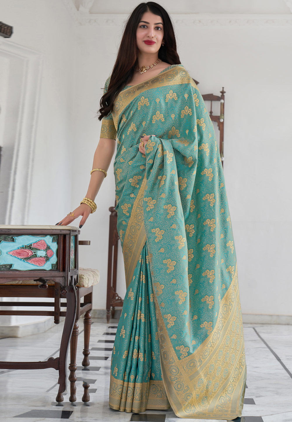 Sky Blue Banarasi Silk Saree With Blouse 234237