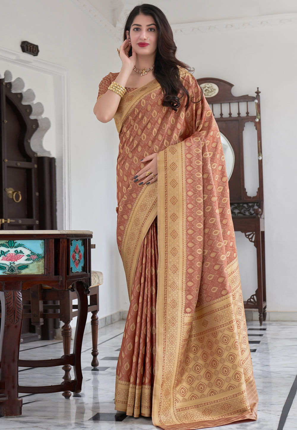 Brown Banarasi Silk Saree With Blouse 234239