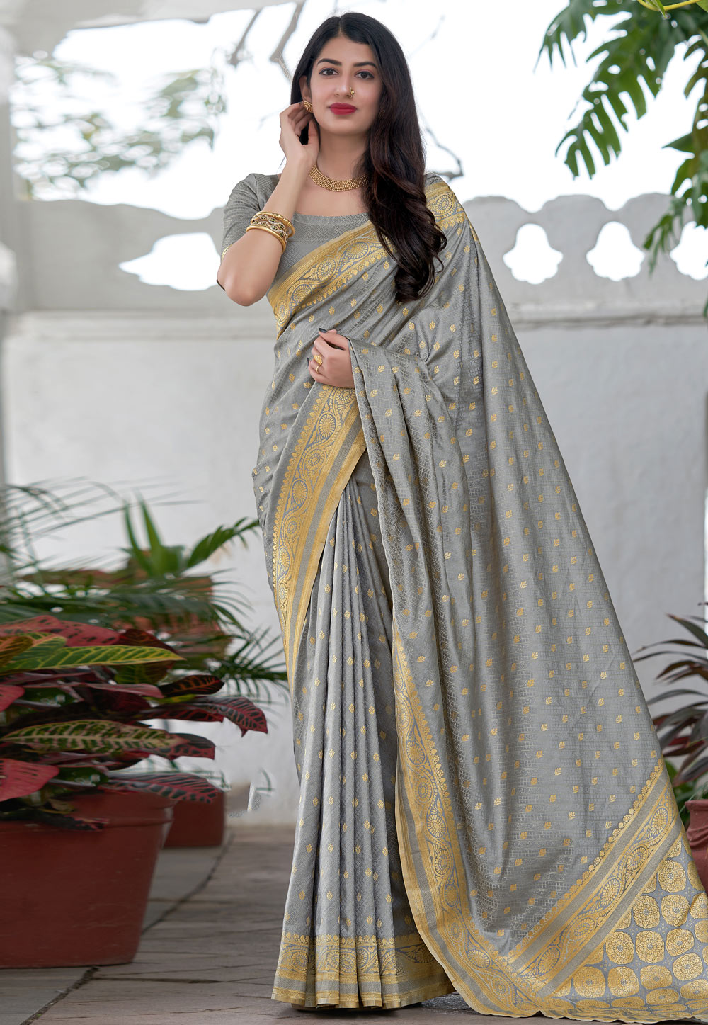Grey Banarasi Silk Saree With Blouse 234245
