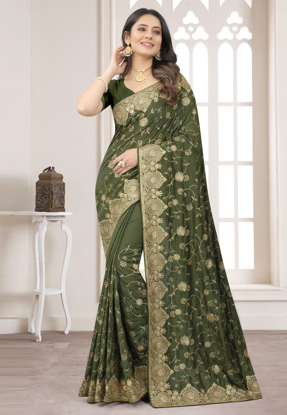 Camo Green Silk Saree With Blouse 248316
