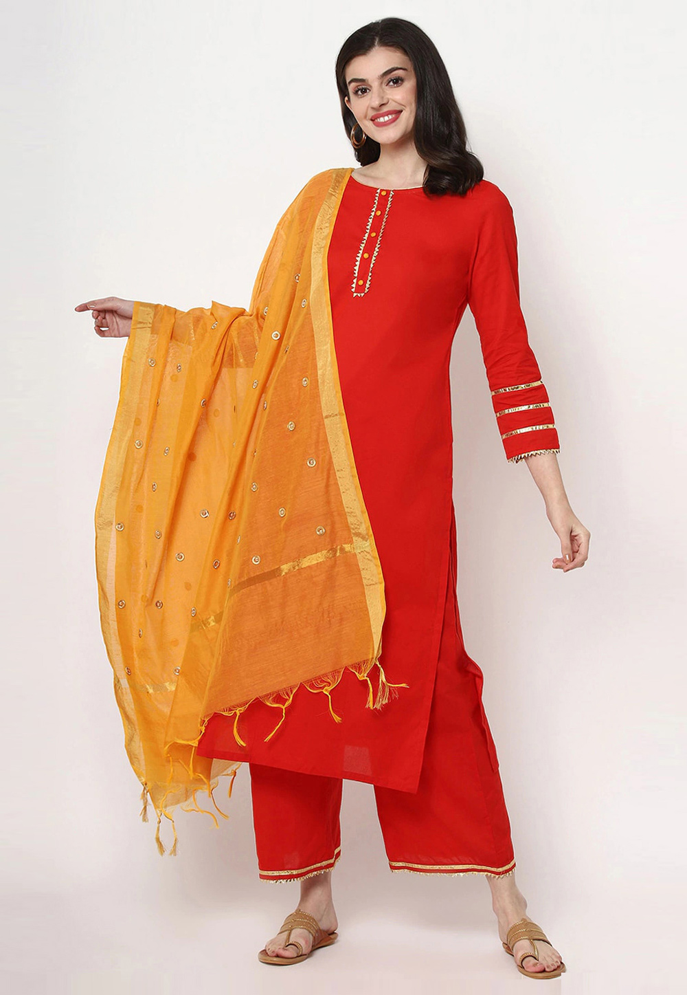 Red Cotton Readymade Palazzo Suit 214627