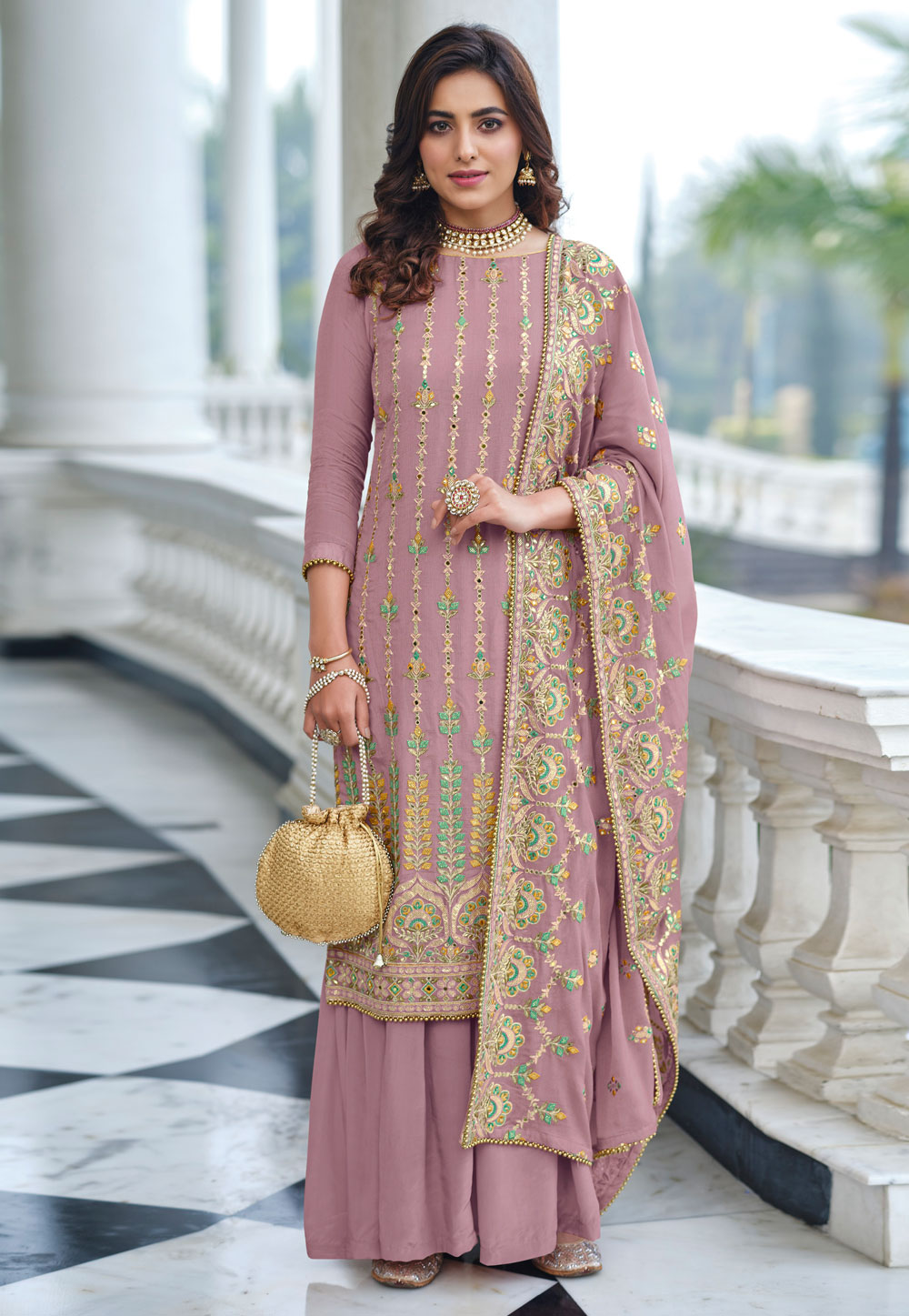 Pink Chinon Embroidered Palazzo Suit 249105
