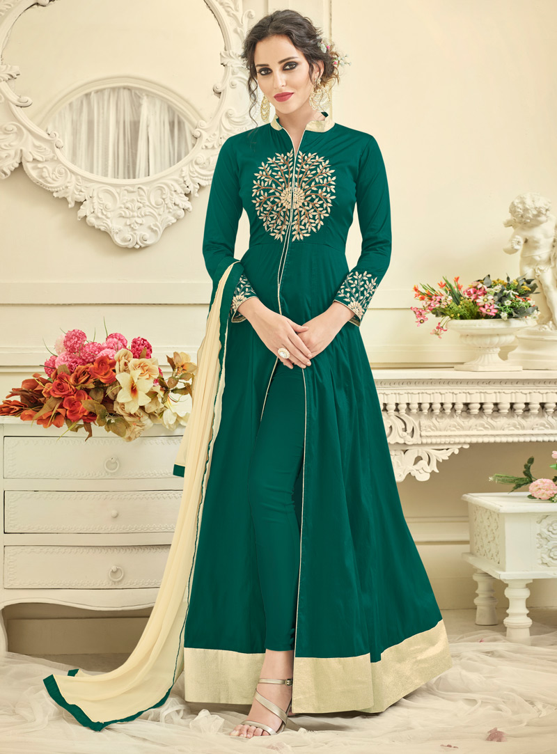 Green Taffeta Silk Readymade Center Slit Anarkali Suit 105657