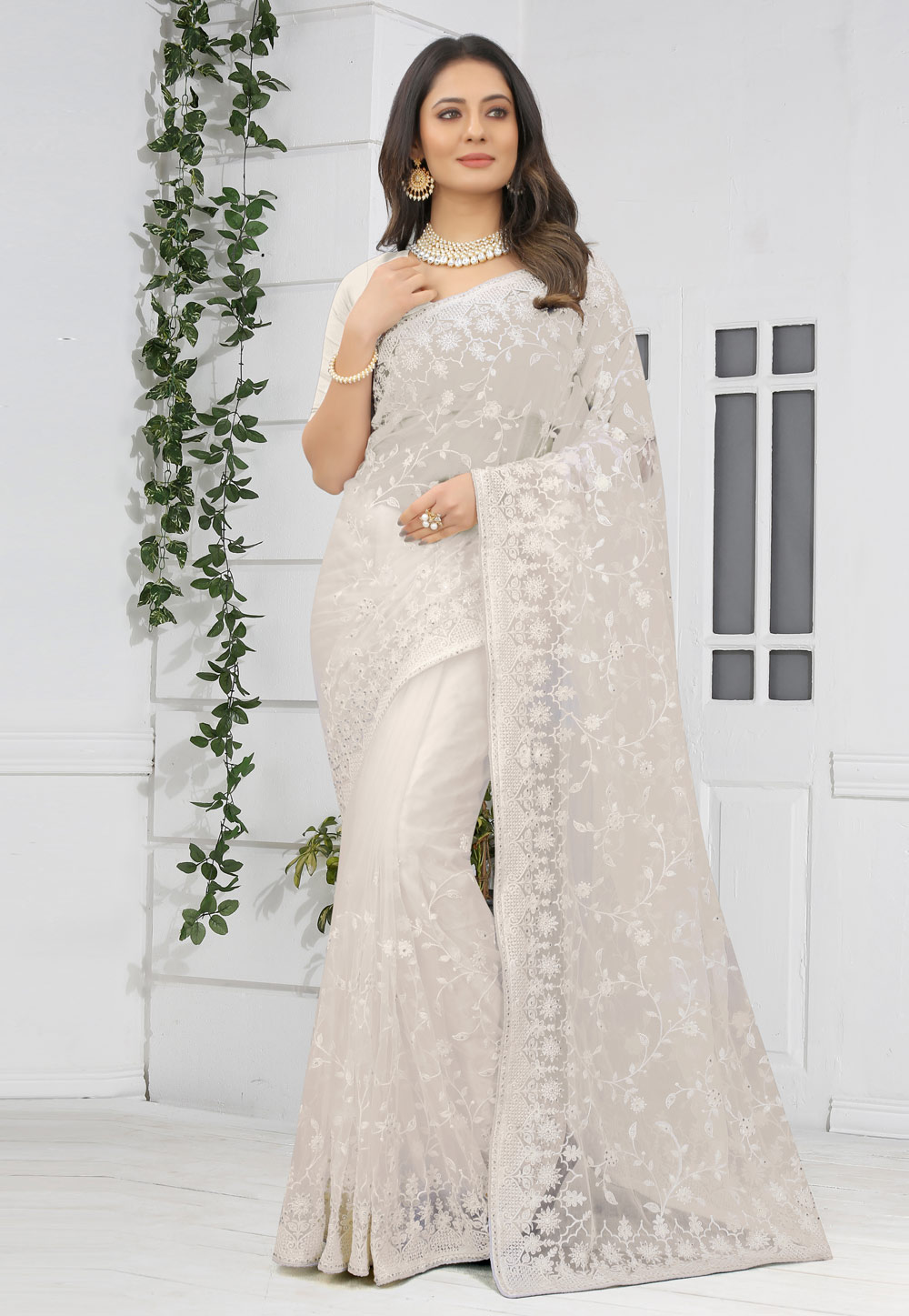 Off White Net Saree With Blouse 248753
