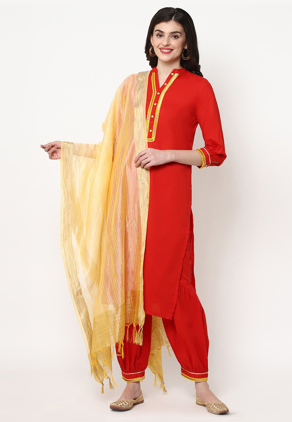 Red Cotton Readymade Pant Style Suit 214629